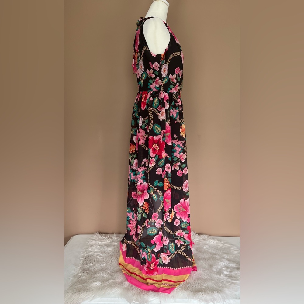 {Nicole Miller} Floral & Chain Maxi Dress Sleeveless in Black - Women's 6 - Picture 5 of 11